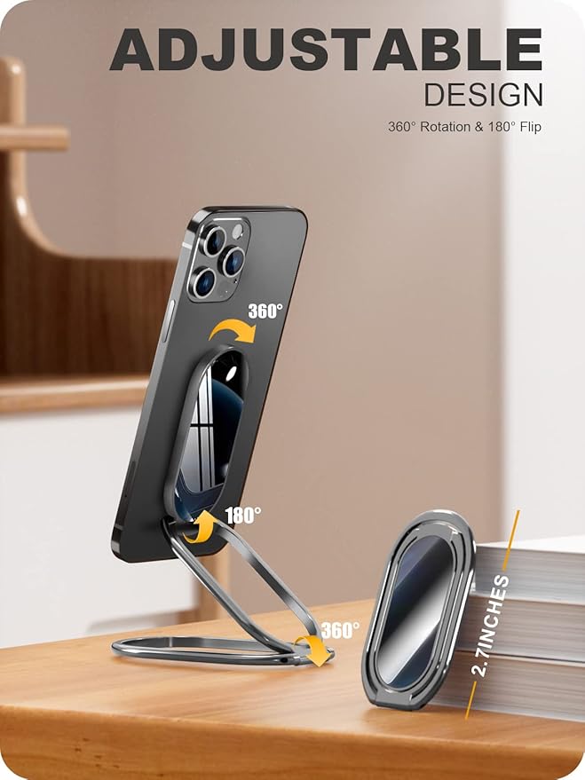 A-LuGei 𝗙𝗼𝗹𝗱𝗮𝗯𝗹𝗲 & 𝗔𝗱𝗷𝘂𝘀𝘁𝗮𝗯𝗹𝗲 Cell Phone Ring Holder Stand, Phone Kickstand for Desk, Cell Phone Holder for Hand, Ring for Back of iPhone, Metal Phone Grip for Magnetic Car Mount