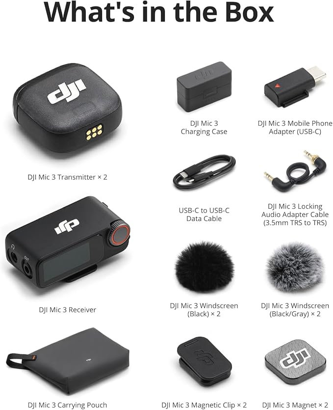 DJI Mic 3 (2 TX + 1 RX + Charging Case), Wireless Microphone for iPhone/Camera/Android, Ultralight, Adaptive Gain Control for Balanced Volume, Dual Band Anti-Interference, 28hrs Use, Vlog
