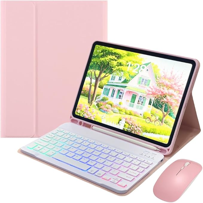 for iPad 9.7 inch 6th/5th Generation, Air 2, Air, iPad Pro 9.7 Keyboard Case with Mouse and Rainbow Backlit Detachable Bluetooth Keyboard Cover,Pink