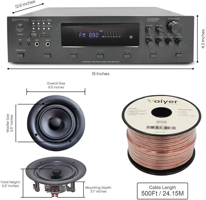 Vaiyer Home Audio System Kit, 6-Channel 6000 Watts Bluetooth Amplifier with 6.5" 8 QTY of 200 W Each Frameless in-Wall in-Ceiling Speakers & 16 AWG 500 ft. Speaker Wire - Perfect for Home, Office, Bar