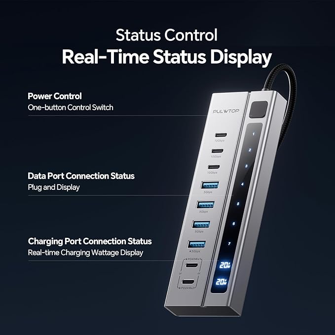 Powered USB C Hub, PULWTOP 11-in-1 Power Hub with SD/TF, 2*USB-C 10Gbps, 4*USB-A 5/10Gbps and 2 * 24/45W Type-C PD Charging Ports (Not Support Video), USB Powered Hub 72W DC Adapter Included