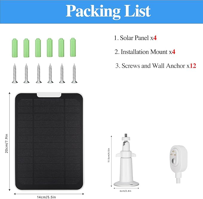 Solar Panel Charger Compatible with Arlo Pro 3/Pro 4/Pro 5S/Ultra/Ultra 2/Go 2 Continuous Power Supply IP65 Weatherproof with 9.8ft Charging Cable and Adjustable Wall Mount 4 Pack