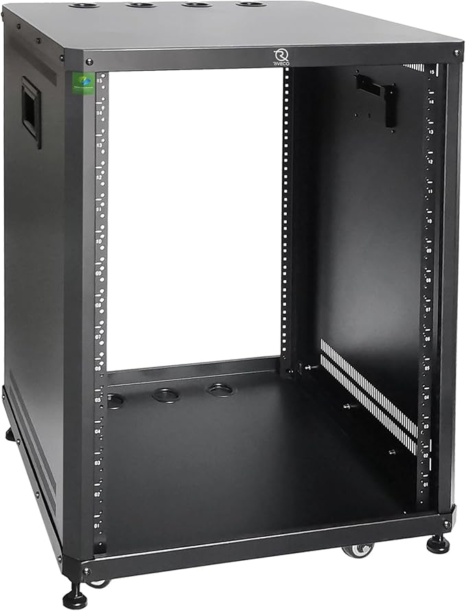 RIVECO 15U Network & Audio Rack with Feet & Wheels, Obtuse Angel Server Rack Cabinet, Rolling Studio Rack Case with Adjustable Depth Rails for 19" Stereo Recording & IT Equipment Mounting 1PCS