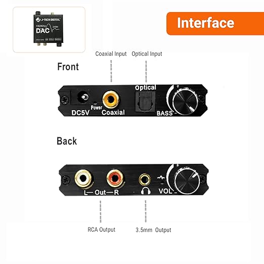 Digital to Analog Audio Converter with Headphone Amplifier & Bass Control by J-Tech Digital | 192kHz 24bit Optical Coaxial RCA 3.5mm