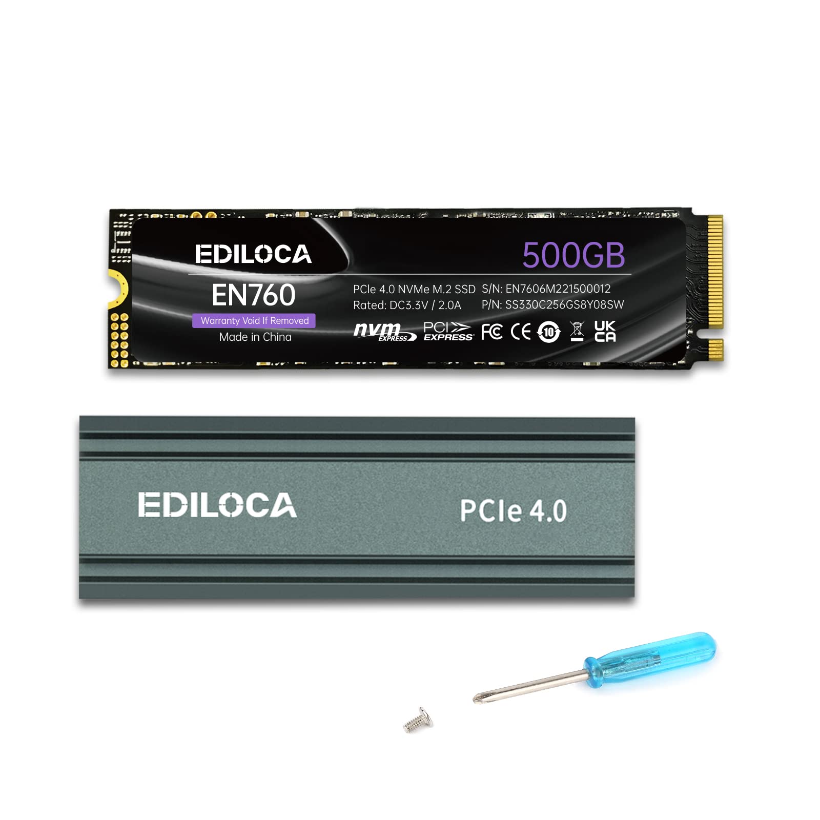 Ediloca 500GB M2 NVME SSD with Heatsink - PCIe Gen4.0 NVMe M.2 2280 3D NAND TLC, 4800MB/s Read, Internal Solid State Drive for PS5/PC, Dynamic SLC Cache, PS5 Storage Expansion, 5-Year Warranty(EN760)