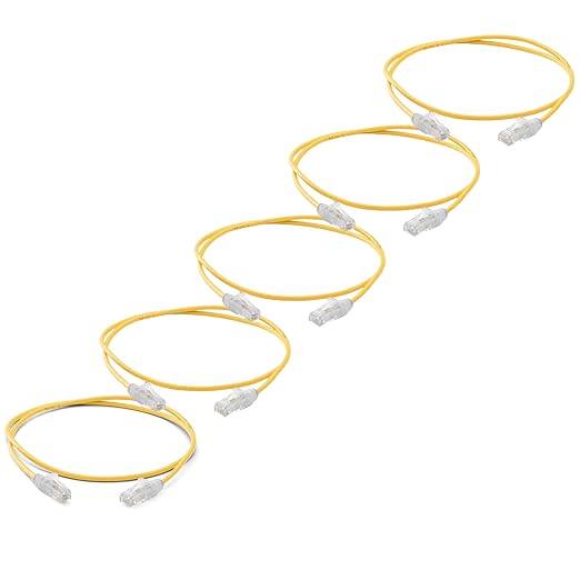 TRUECABLE Cat6 Component Rated Patch Cable, Unshielded (U/UTP), 2ft, Yellow, 28AWG Solid Copper, Snagless 10G High-Speed Ethernet Cable, PoE++ 4PPoE 100W, UL Listed, RoHS-3, 5 Pack
