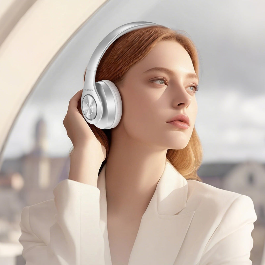 TUINYO Bluetooth Headphones Wireless, Over Ear Stereo Wireless Headset 40H Playtime with deep bass, Soft Memory-Protein Earmuffs, Built-in Mic Wired Mode PC/Cell Phones/TV-White