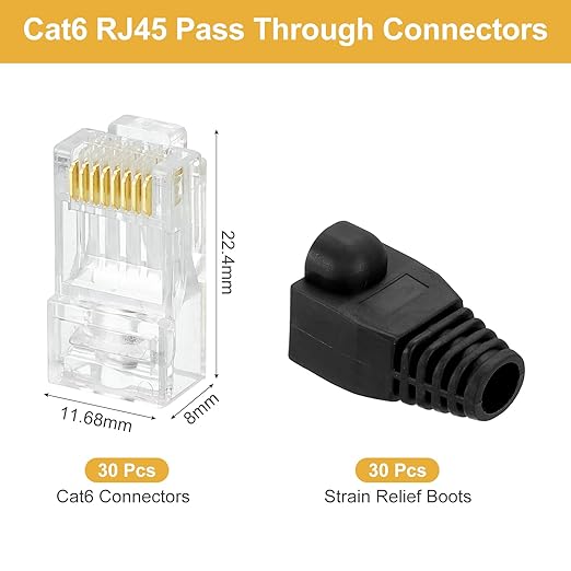 MECCANIXITY 30pcs Cat6 RJ45 Pass Through Connectors, RJ45 Connector 8P8C Gold Plated Plugs with 30pcs Black Strain Relief Boots for Solid or Stranded UTP Ethernet Cable, 1.1mm