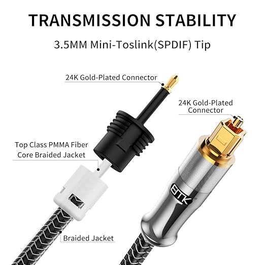 EMK 24K Gold-Plated Toslink to Mini Toslink Cable (25ft/8M) - Digital Optical Audio Cable with 3.5mm Mini Plug for Soundbar, Home Theater, TV - Silver SPDIF Fiber Optic Cord