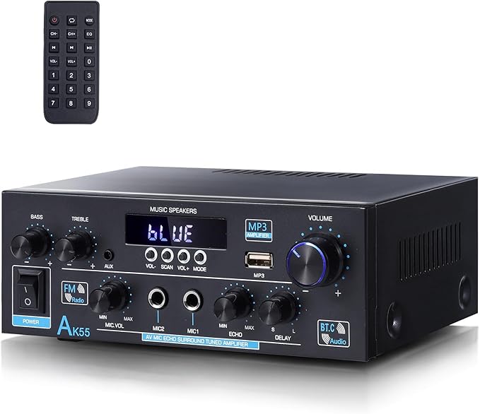 AK55 Bluetooth 5.0 Amplifier Home Audio,2.0 Channel Max 450W Power Stereo Amplifier Receiver w/USB/AUX/RCA/Opt/COA /2 MIC in for Home Theater Speakers