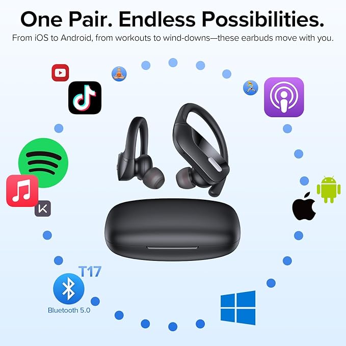 OCC Wireless Ear Hook Sport Earbuds, Bluetooth Headphones with Mic, IPX5 Waterproof, 80H Playtime, Deep Bass, Secure Fit for Running Gym Workout - Black