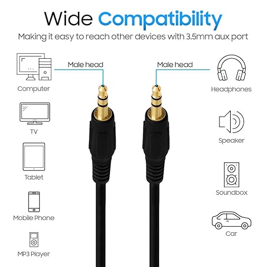Cmple - 3.5mm Aux Audio Cable Stereo 100 ft AUX Cable Male to Male Speaker Cable Auxiliary Cord Adapter for Car, Phone, Headphones - Black