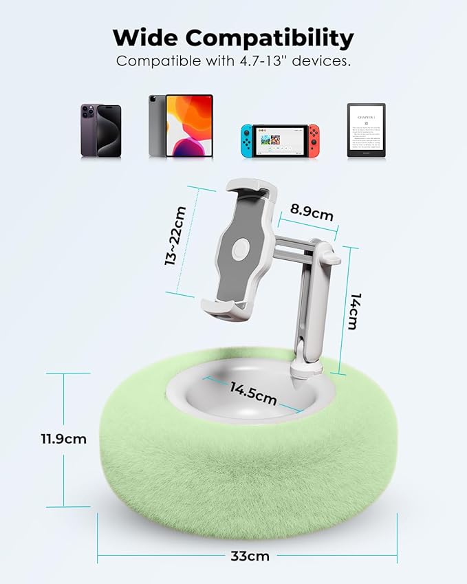 Viozon Tablet Stand Pillow, Compatible with 4.7"-13" Phone/Tablet, iPad, iPhone, Samsung, Google, Kindle, 360°Adjustable Phone Holder for Bed with Soft Plush Fabric, and Detachable Bowl, Green