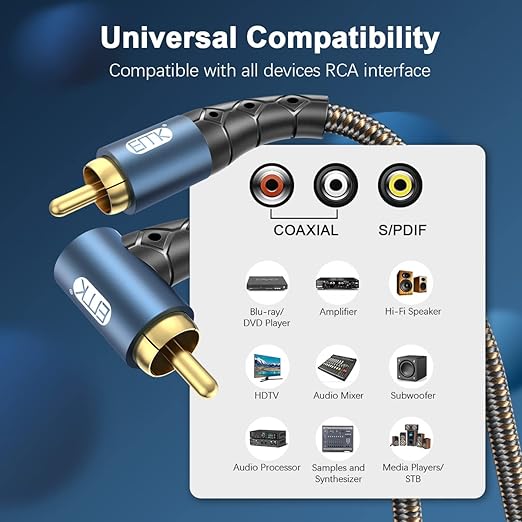 EMK RCA Subwoofer Cable 90 Degree RCA to RCA Audio Cable 24K Gold-Plated Nylon Braided Double Shielded Digital Analogue Supports Amplifiers,Home Theater,Hi-Fi Systems,Subwoofer(50ft/15m)