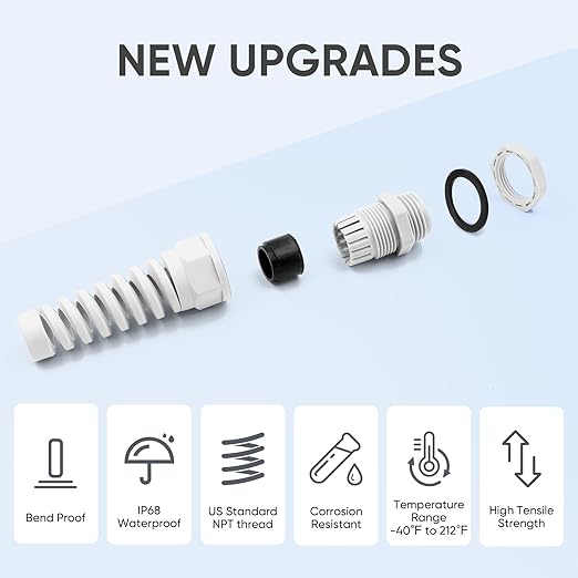 Strain Relief Cord Connector,LISTENJIALE 10Pcs NPT 1/4" Waterproof Cable Gland Flex Spiral Strain Relief Adjustable 4-8mm Cable Connector Nylon Joint with Gaskets(Grey)