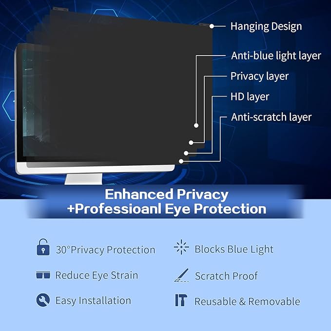 Computer Privacy Screen Filter 24 Inch, 9H Hardness Hanging Computer Screen Privacy Shield Compatible with 23.6,23.8 inch for 16:9 Widescreen Monitor, Eye Protection and Blue Light Blocks