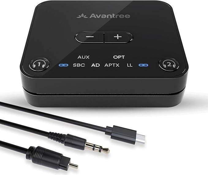 Avantree Audikast 3 – Bluetooth 5.3 Transmitter for TV Audio via Optical & AUX Outputs, aptX Adaptive, Dual Headphone Connection, 100ft Range