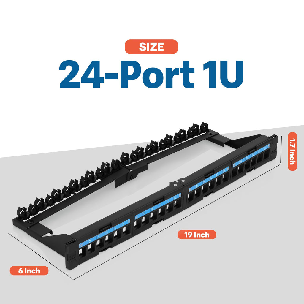 Everest 24 Port Keystone Patch Panel (4-Pack) - Removable 6-Port Panels - Use with Slim Profile Keystones ONLY (Wider Jacks May not fit Side by Side) - with Adjustable Rear Cable Management Bar