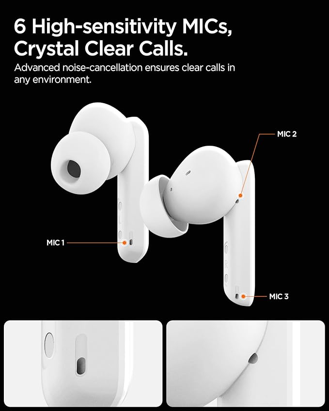 Spigen True Wireless Earbuds, Active Noise Cancellation Bluetooth Headphones with 30H Playtime, EQ Customizing App, 6 Mics, Gaming Mode, LCP Graphene Driver - White