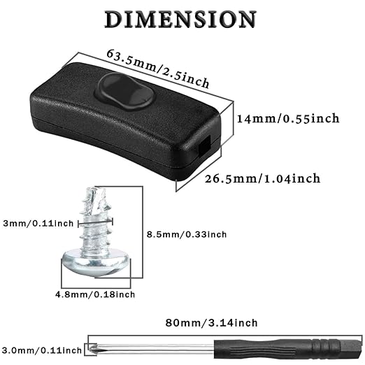 6PCS Inline Cord Switch AC 250V 2A Appliance Switch Replacement Button Control Rocker ON Off DPST with Cross Screwdriver Screw, for Bedroom Table Lamp Desk LED Lights OJ-318 Black