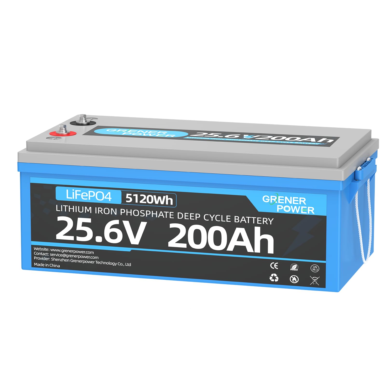 GRENERPOWER 25.6V 200Ah LiFePO4 Battery with 100A BMS, Max. 5120Wh Energy, 4000-15000 Deep Cycles Lithium Battery, 10-Year Lifespan, Perfect for RV, Trolling Motor, Solar Off-Grid Storage, Home System