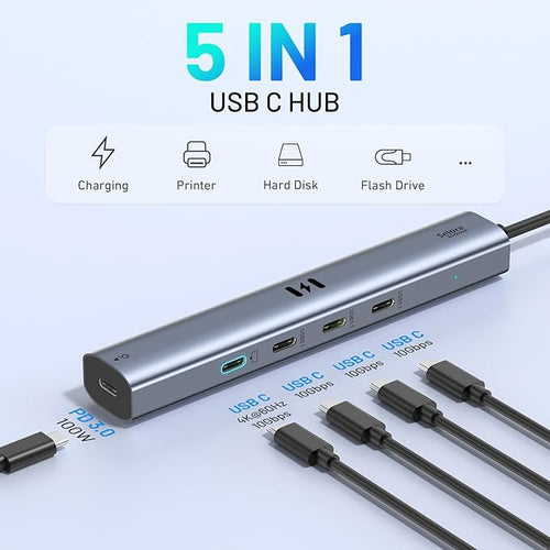 10Gbps USB C Hub with 4K@60Hz Video Display, Selore 5 Ports USB-C Splitter, C Port Data Transfer, 100W PD-in Charging, Dongle Multiport Adapter for MacBook Pro, iPad, Dell, HP, and More