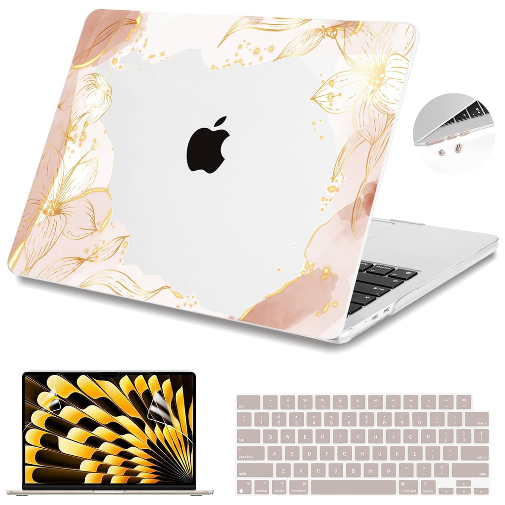 Teryeefi for MacBook Air 15 inch Case M4 M3 M2 Chip 2025 2024 2023 Released Model A3241 A3114 A2941, Designed Hard Shell Cover & Screen Protector & Keyboard Cover- Art Gold Floral Line
