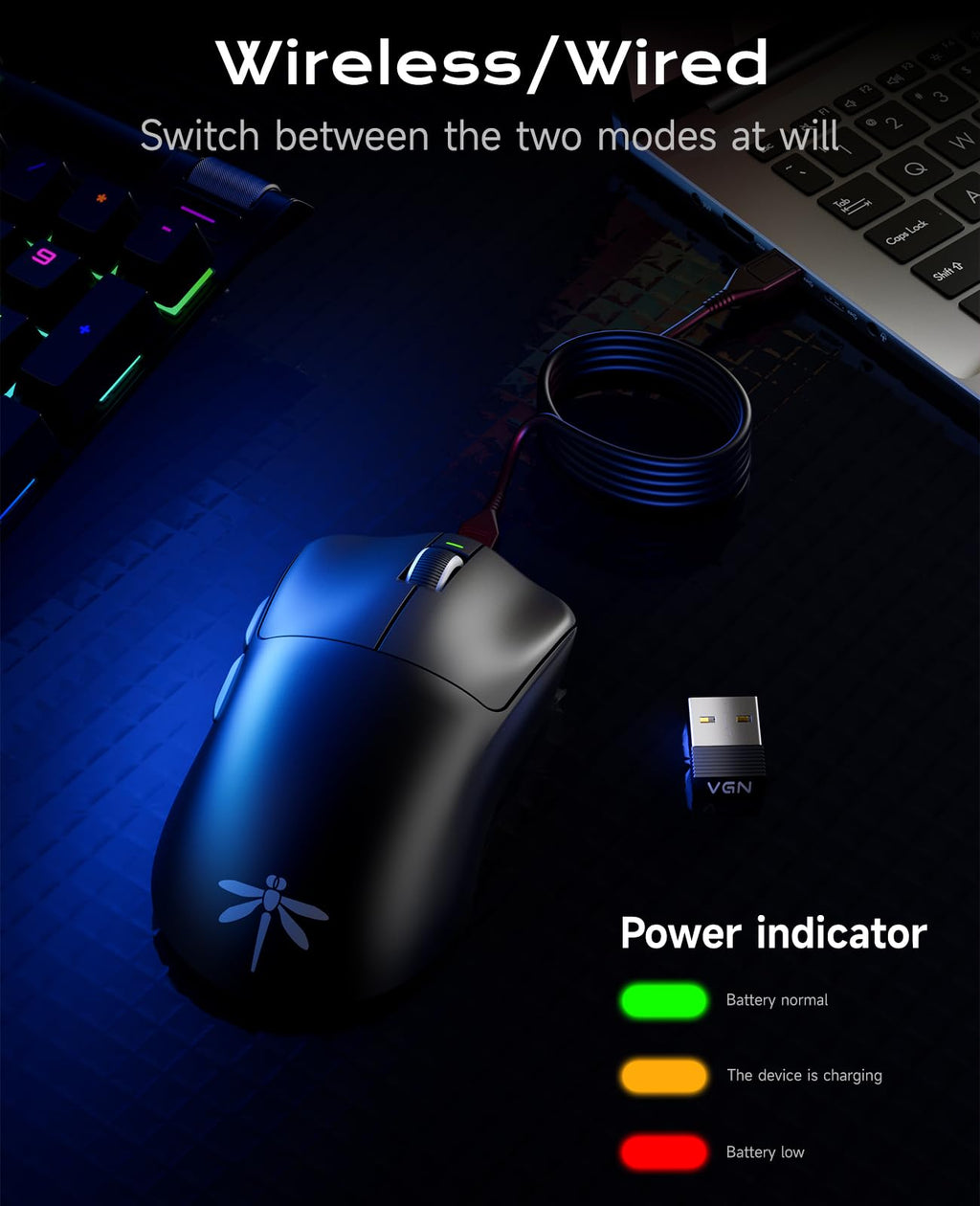 VGN Dragonfly F1 Pro Max Wireless Gaming Mouse, 130h Playtime Long Endurance, 55g Lightweight, PAW3395 26K DPI Flagship Sensor, 4000Hz Polling Rate Supported, Low Latency Esports Peripherals, Black