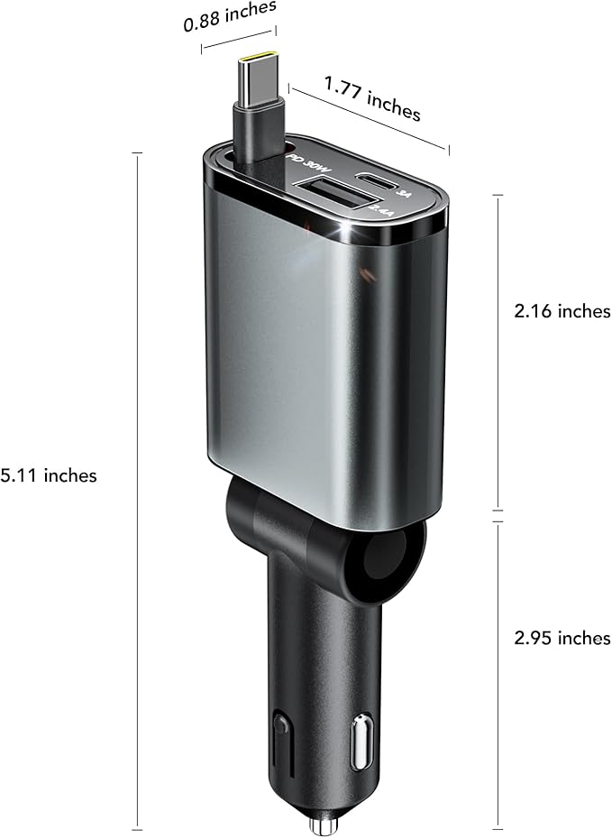 Retractable Car Charger, 3 in 1 Fast Car Phone Charger 50W, 1 TypeC Retractable Cables and USB Port, Compatible with iPhone 16/15/14/13/12/11,Galaxy,Pixel