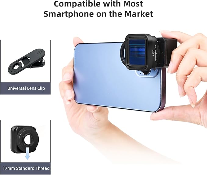 Andoer Anamorphic Movie Lens 1.55X - Universal Lens Clips & Carry Bag - Compatible with iPhone 15/14/13/12/11