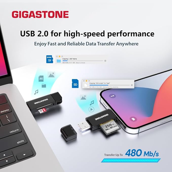 GIGASTONE SD Card Reader 2-Pack, 5-in-1 USB-A/USB-C Card Reader, Dual Slot for SD/Micro SD/SDHC/SDXC, Compatible with Laptop, PC, iPhone16/15, MacBook Pro/Air, iPad Pro, Android
