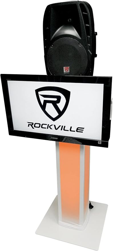 Rockville RTP33-TV Pro White Totem Stand 220 lbs DJ Speaker/Lighting/TV Mount, Detachable TV Mount, Adjustable 39-69 inch Height, Black/White Scrims, for DJs and Event Planners