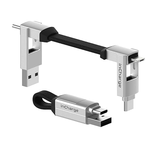 Rolling Square inCharge 6 - Keychain USB C Charger Cable, Lightning Cable and Micro-USB for Smartphone, Universal Cable Charger 6 in 1, USB Plug, 15W, White