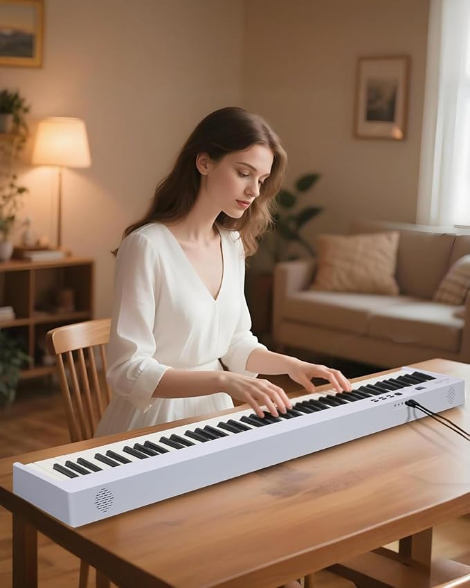AiJoy 88 Key Beginner Piano Keyboard with Semi-Weighted Keys, 128 Tones, Speakers, USB MIDI, Carry-Bag, Sustain Pedal and Stand, White