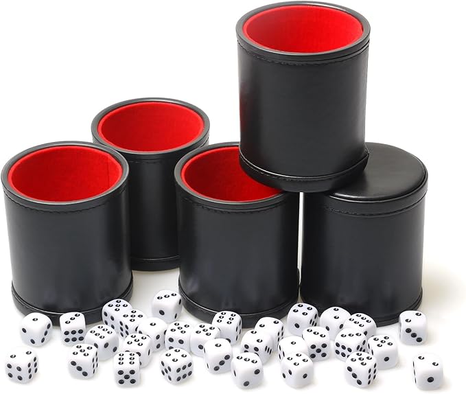 5 Pack PU Leather Dice Cup Set with 6 Dot Dices Felt Lined Quiet Shaker for Yahtzee Bar Party Family Dice Games,Red/Black