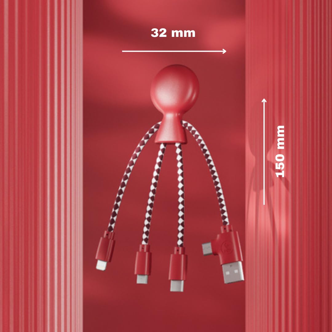 Xoopar Multi USB Cable 4 in 1 - Universal Charger Made from Recycled Plastic - USB, USB-C, Lighting, Micro USB Ports - Compatible with All Smartphones Mr Bio RED Octopus