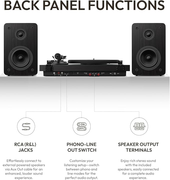 SoulBox S1 Vinyl Record Player with Stereo Speakers, Turntable with Built-in Preamp, S-Shaped Tonearm, 33/45 RPM - Black
