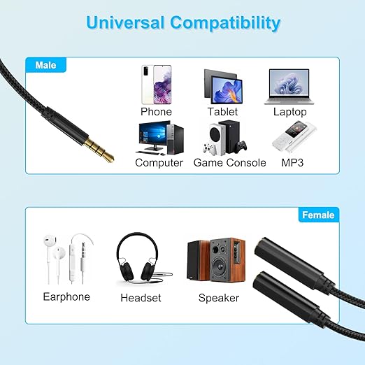 3.5mm TRRS Splitter for 2 Headphones 1FT 2-Pack, Dual Support Audio & Mic, 3.5 mm Aux Jack Cable 1 in 2 out, Double 1/8" Stereo Female Adapter,Headset Split Y Cord 2 Way for Phone/Tablet/Laptop/PC/MP3