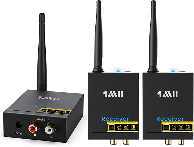 1Mii 3-in-1 2.4GHz Wireless Audio Transmitter and Receiver for TV, 20ms Ultra Low Delay RCA Out/in, 320 ft Range Wireless Adapter for Subwoofer to TV/PC/CD Player, 2 Receivers for Two Speakers