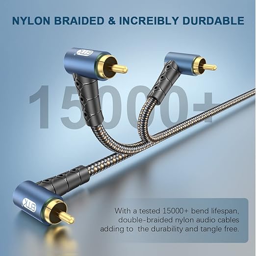 EMK RCA Subwoofer Cable 90 Degree RCA to RCA Audio Cable 24K Gold-Plated Nylon Braided Double Shielded Digital Analogue Supports Amplifiers,Home Theater,Hi-Fi Systems,Subwoofer(30ft/10m)