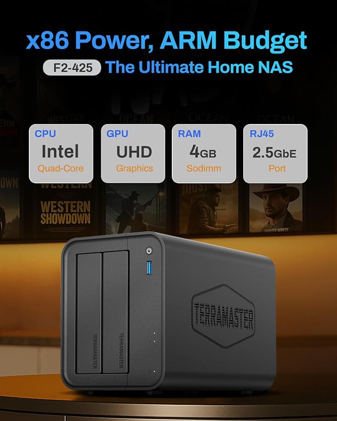 TERRAMASTER F2-425 2-Bay NAS Storage - Intel x86 Quad-Core CPU, 4GB RAM, 2.5GbE LAN, Network Attached Storage Multimedia Server for Home Users (Diskless)