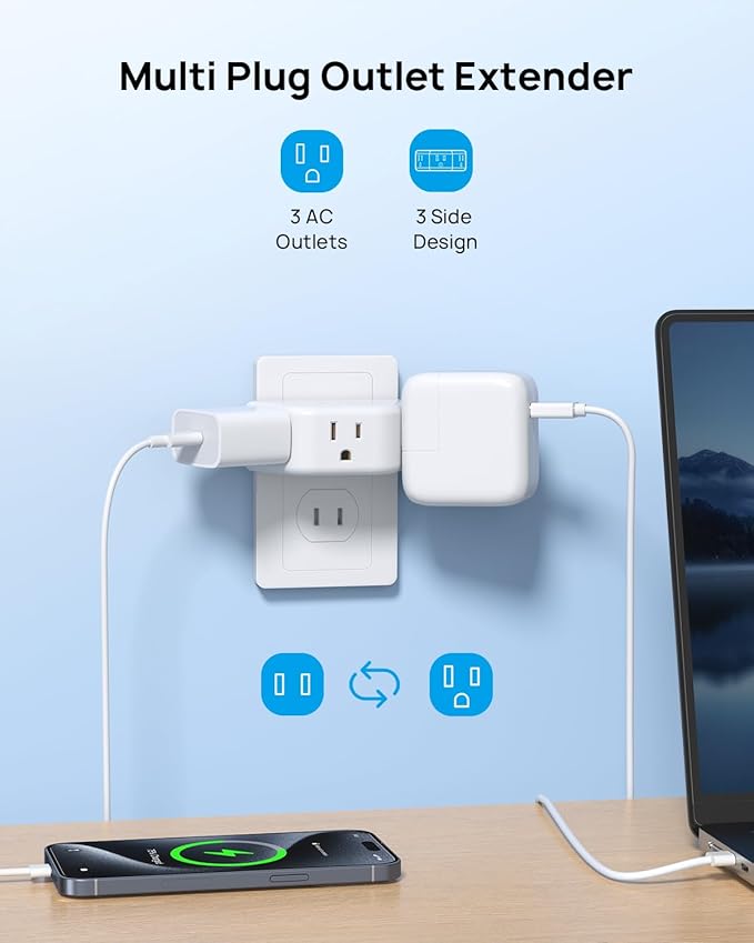 TROND 2 Prong to 3 Prong Outlet Adapter 2 Pack, 3-Way Angled Wall Extender with 3 AC Sockets, Plug Expander for Non-Grounded Outlets in Old House, Cruise Ship Essentials, White