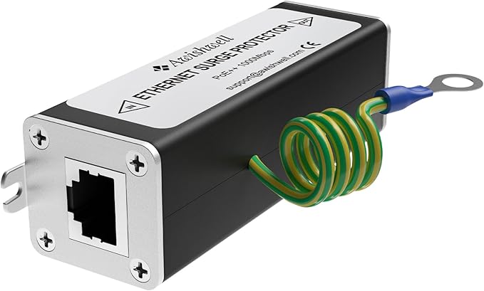 Ethernet Surge Protector Gigabit, 20KA PoE++ Ethernet Lightning Arrestor, RJ45 Lightning Suppressor Network Protection with Ethernet Transformer/Gas Discharge Tube/Mounting Flange,1Pack