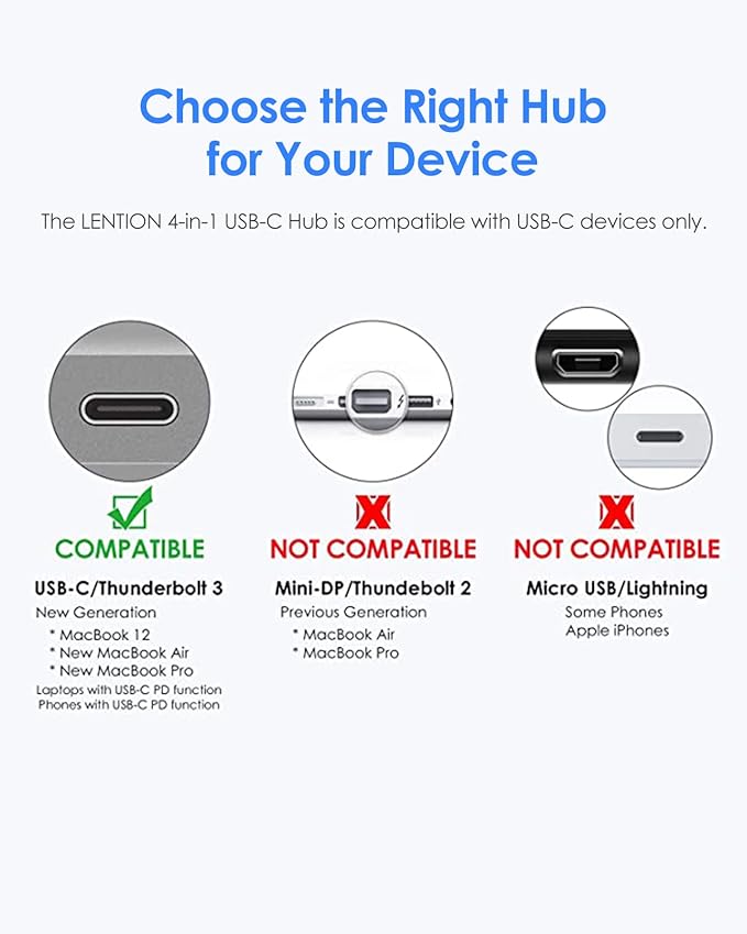 LENTION 4-in-1 USB-C Hub with Type C, USB 3.0, USB 2.0 for 2024-2016 MacBook Pro (M1-M4), iPhone 16-15 New Mac Air/Surface, ChromeBook, More, Multiport Charging & Connecting Adapter (C13, Rose Gold)