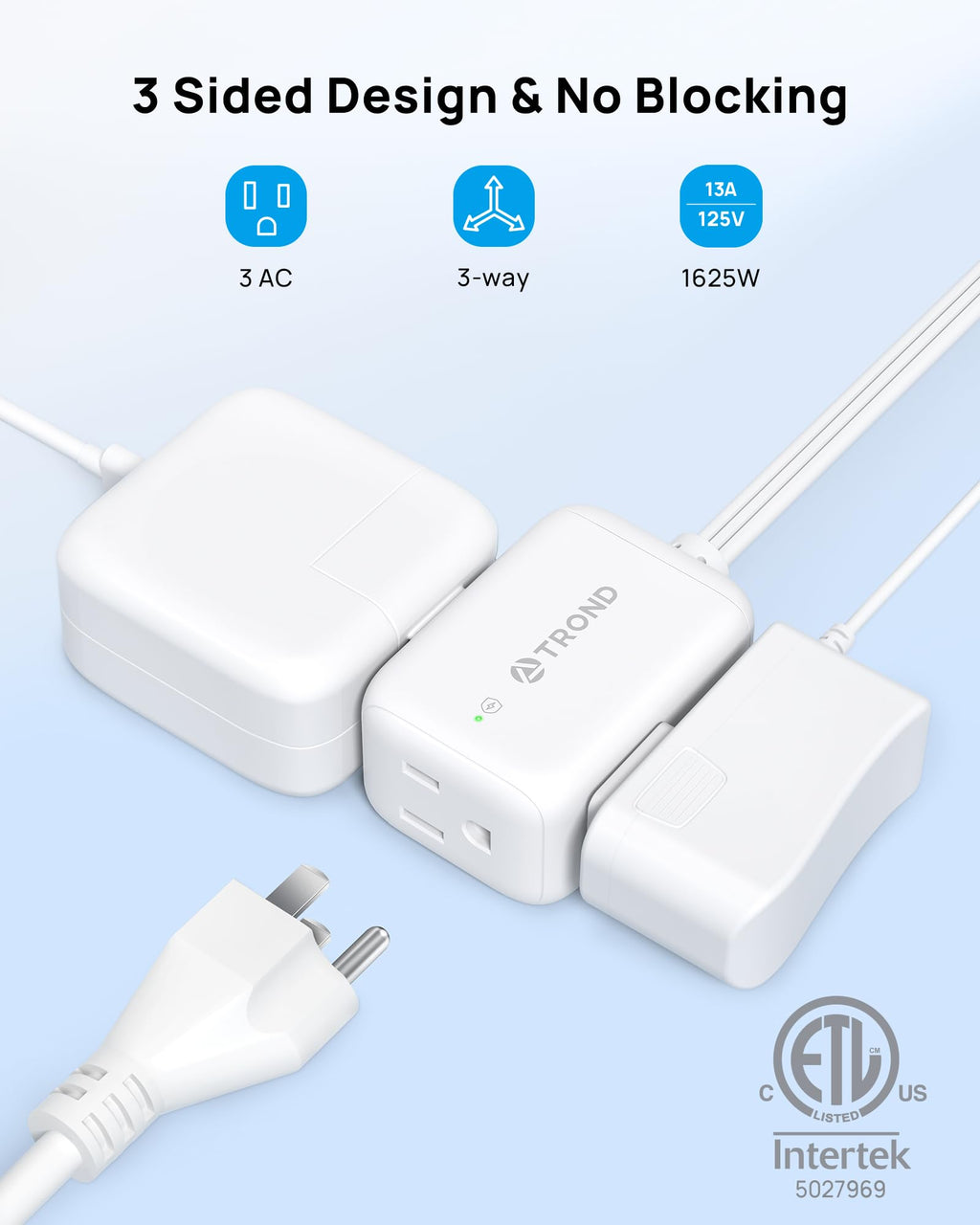 TROND Rotating Flat Plug Extension Cord Surge Protector 15ft, 3 AC, White