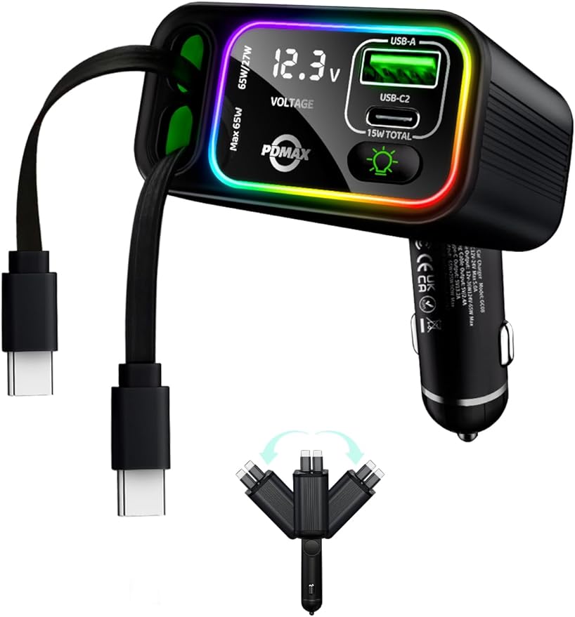Retractable Car Charger USB C,145W Type C Car Charger Fast Charging with Dual Retractable USB C Cable and USB Ports, Compatible with iPhone 16/15,S25/24/23/22, Pixel 9/8/7