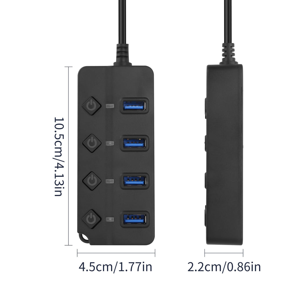90 Degree USB Hub Splitter YACSEJAO USB 2.0 Data Hub with Individual LED Button On/Off Switch DC5.5 * 2.1 Power Port for Laptop,PC Computer (4 Ports, 0.3M)