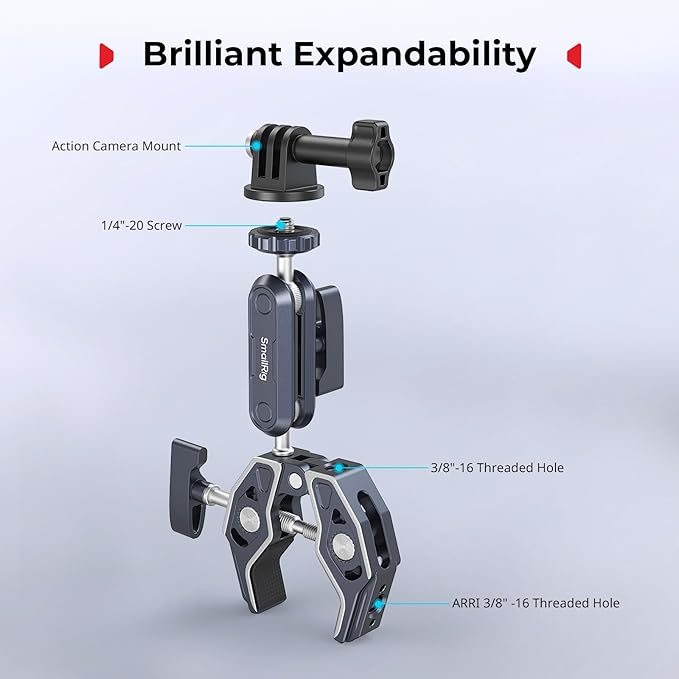 SMALLRIG Camera Mount Clamp 2-Pack, Ballhead Magic Arm with Adapter for GoPro, Camera Monitor Mount, Super Clamp for DSLR/Stabilizer - 5529