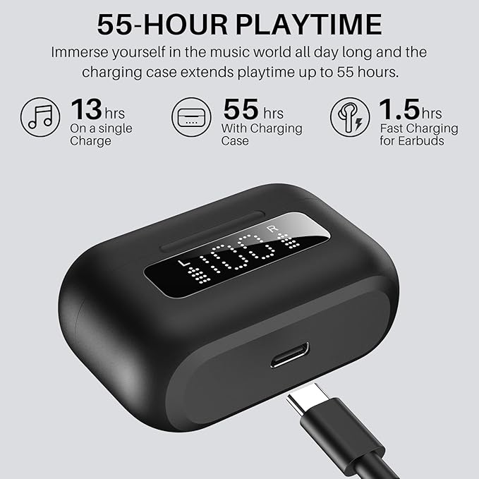 TOZO Hybrid Active Noise Cancelling Wireless Earbuds with 6 Mics AI Clear Call Ear Buds 55H Playtime with LED Display 32 Preset EQs via APP Bluetooth 5.3 IPX8 Waterproof in Ear Headphones