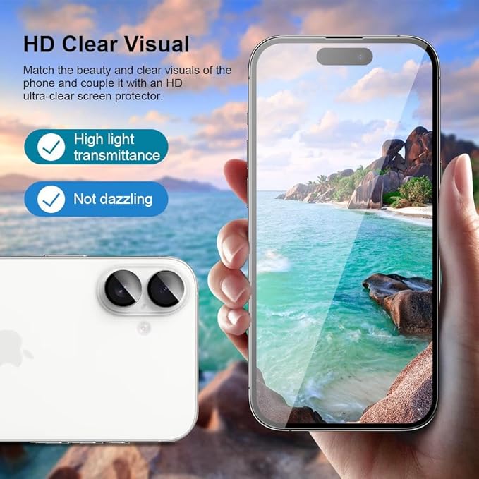 2 pack Full 9H+ Military Grade Glass Screen Protector for iPhone 16 + 2 pack Camera Lens Protector with easy Installation Frame Case Friendly Shatterproof Tempered Glass 9H+ Hardness HD Clear Anti-Scratch Glass Full Edge Coverage (6.1) iPhone 16